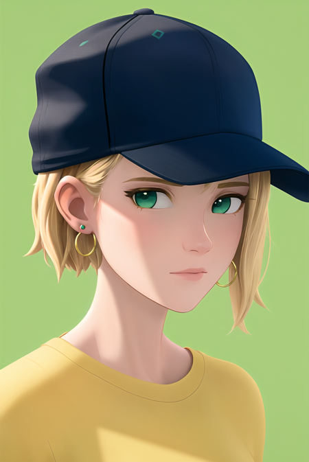 3978523956-581396674-spiderverse style, masterpiece, best quality, 1girl, aqua eyes, baseball cap, blonde hair, closed mouth, earrings, green backgro.png